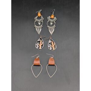 Lot of 3 Western Boho Earrings Cactus Copper Dangle Drop Silver Tone Set